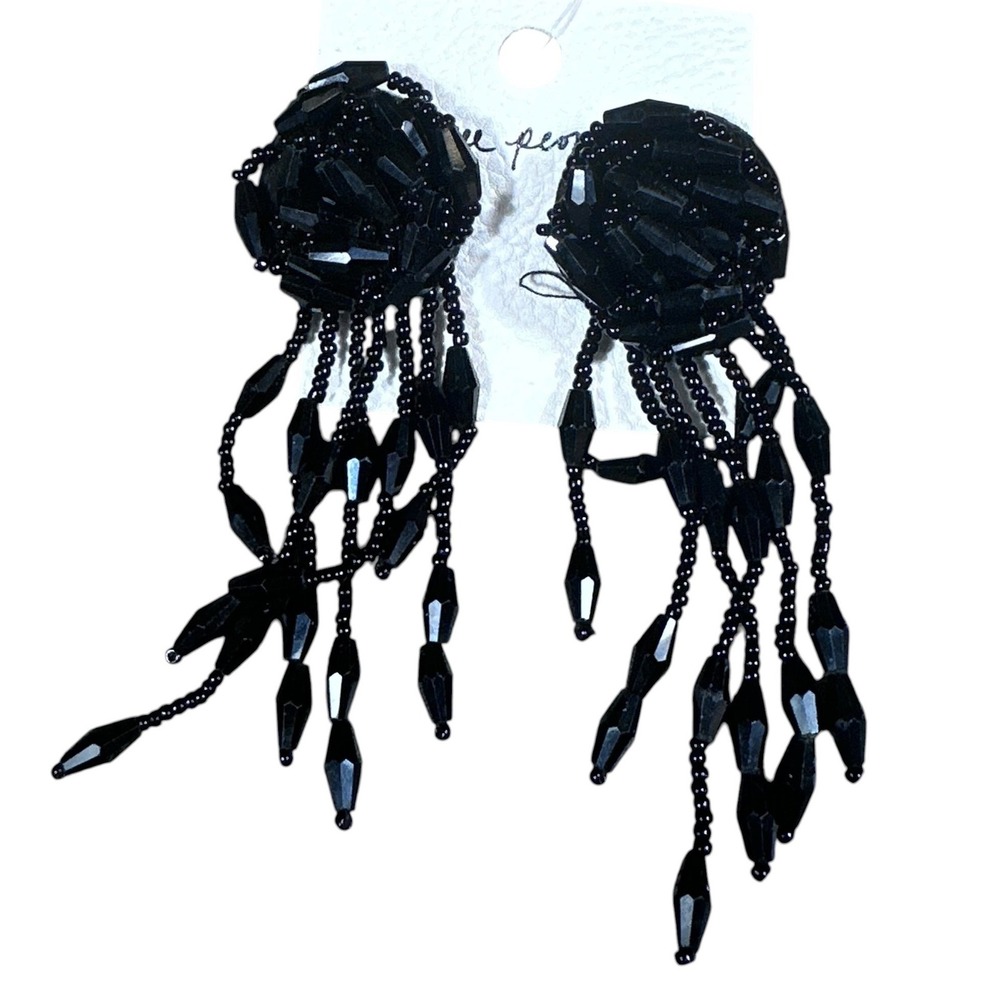 Free People Earrings NWT Womens OS Black Beaded Tassel Chandelier Statement